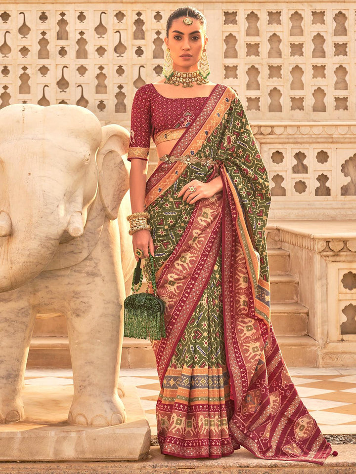 Party Wear Green And Maroon Woven Patola Silk Saree - VJV Now