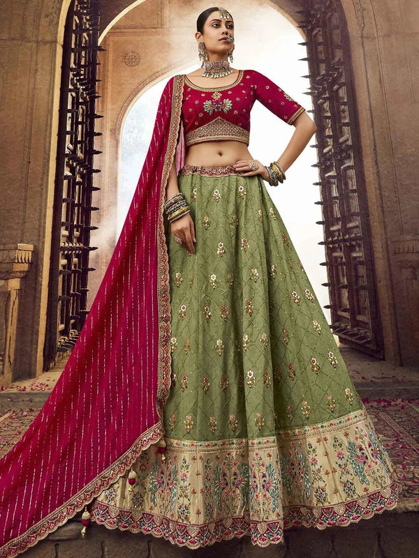 Party Wear Green Art Silk Sequins Embroidered Umbrella Lehenga - VJV Now