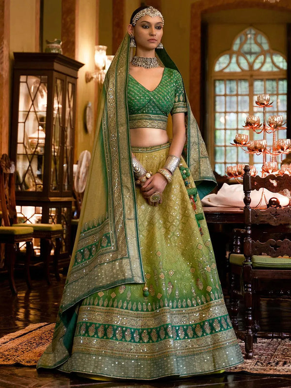 Party Wear Green Art Silk Sequins Embroidered Umbrella Lehenga - VJV Now