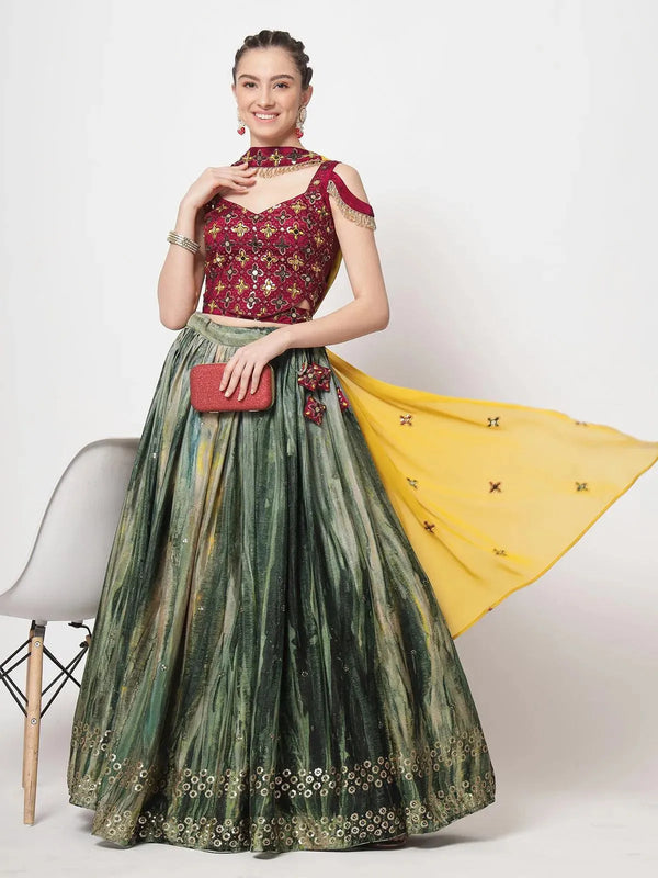 Party Wear Green Chinon Silk Sequins Embroidery Umbrella Lehenga Choli - VJV Now