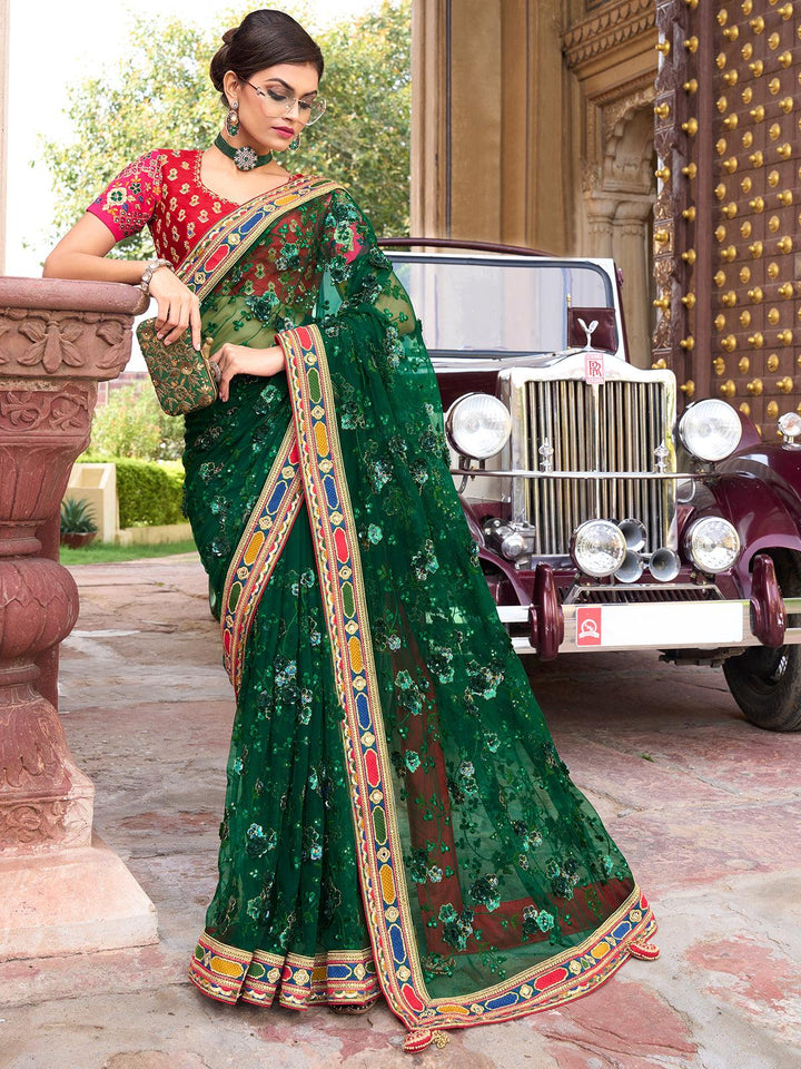 Party Wear Green Digital Net Saree With Thread,Sequins,Mirror & Flower Applic Work - VJV Now
