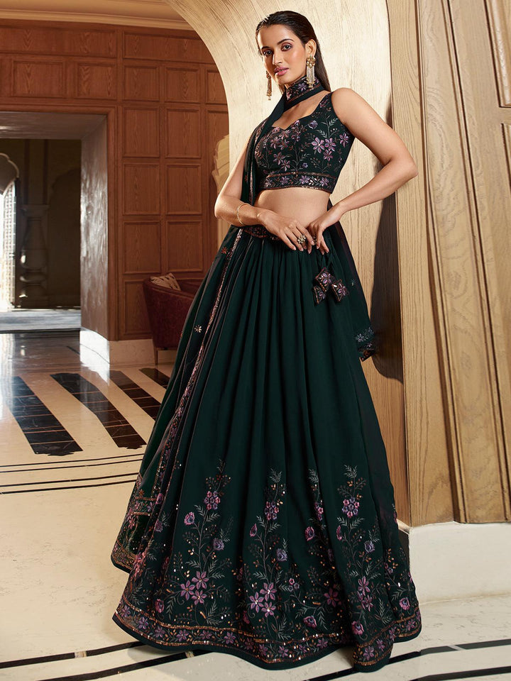 Party Wear Green Georgette Sequins Embroidery Umbrella Lehenga Choli - VJV Now