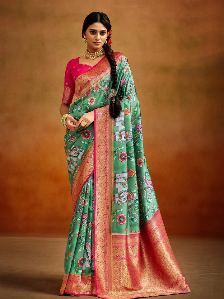 Party Wear Green Kalamkari Printed Banarasi Silk Saree - VJV Now