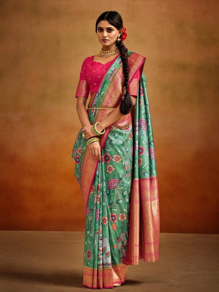 Party Wear Green Kalamkari Printed Banarasi Silk Saree - VJV Now
