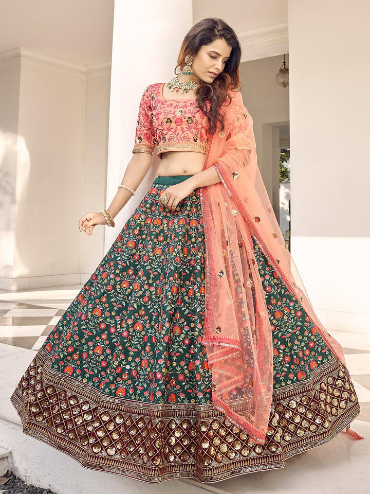 Party Wear Green Orange Art Silk Thread With Sequince Embroidered Work Lehenga Choli - VJV Now