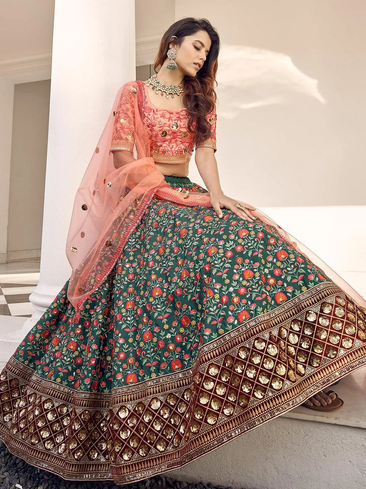 Party Wear Green Orange Art Silk Thread With Sequince Embroidered Work Lehenga Choli - VJV Now