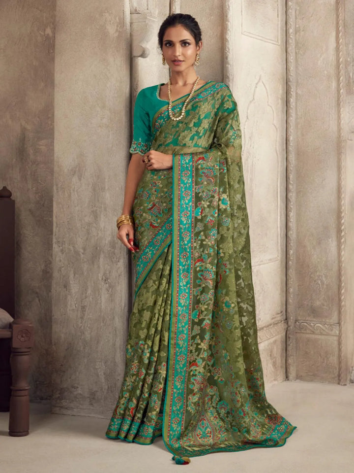 Party Wear Green Soft Brasso Organza Saree - VJV Now