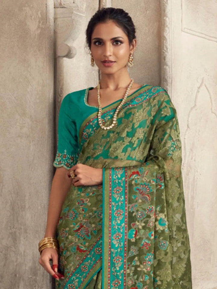 Party Wear Green Soft Brasso Organza Saree - VJV Now