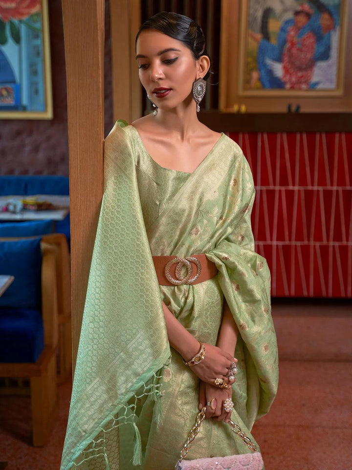 Party Wear Green Woven Tussar Soft Silk Saree - VJV Now