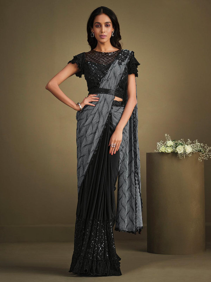 Party Wear Grey Black Crystal Crepe Sequins Embroidered Work Saree - VJV Now