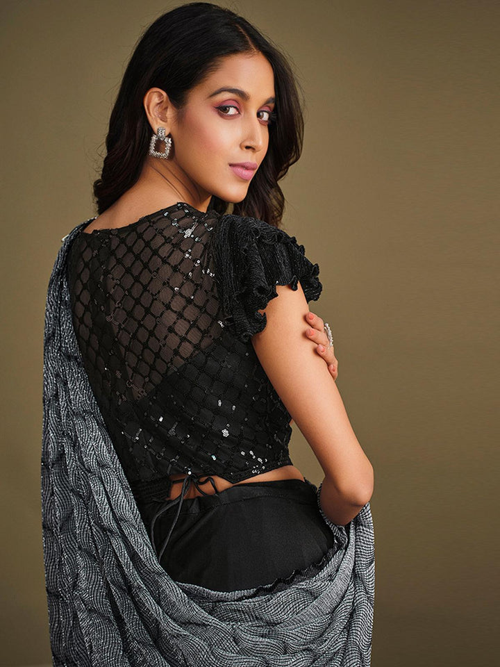 Party Wear Grey Black Crystal Crepe Sequins Embroidered Work Saree - VJV Now