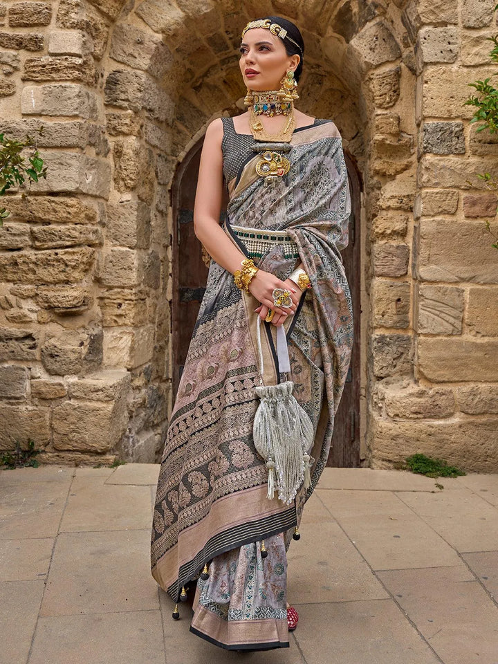 Party Wear Grey Color Zari Work Silk Classic Saree - VJV Now