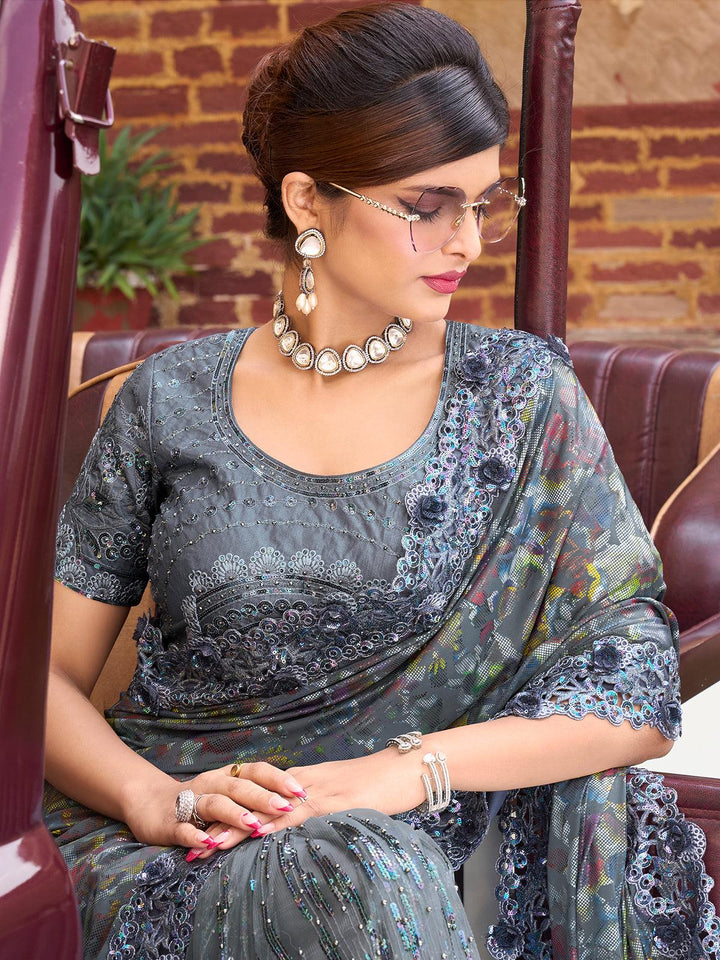 Party Wear Grey Digital Net Saree With Thread,Sequins,Moti & Flower Applic Work - VJV Now