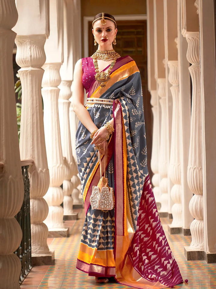 Party Wear Grey Printed Work Silk Saree - VJV Now