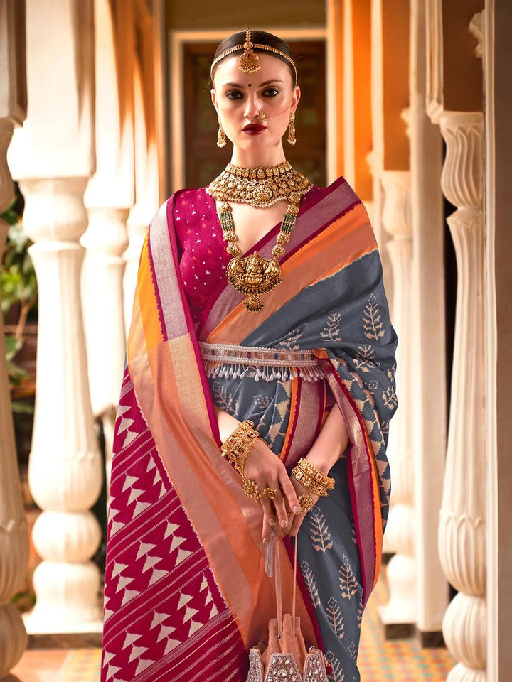 Party Wear Grey Printed Work Silk Saree - VJV Now