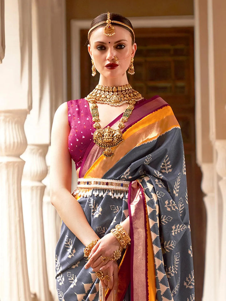 Party Wear Grey Printed Work Silk Saree - VJV Now