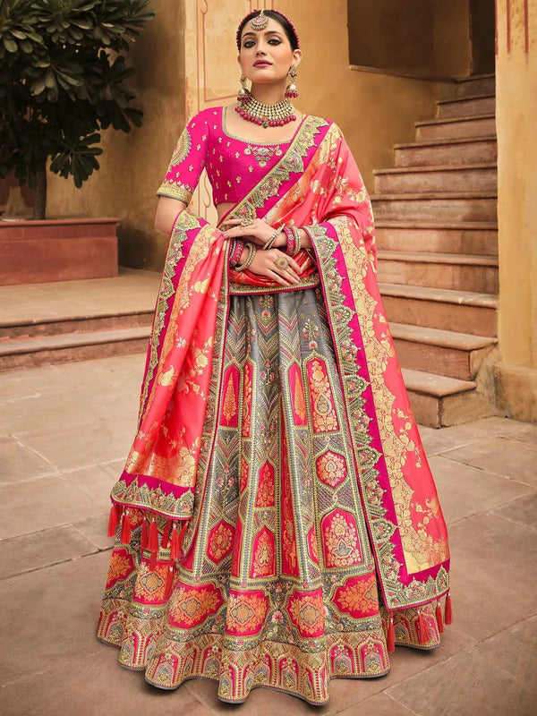 Party Wear Grey Rani Pink Art Silk Sequins Embroidered Umbrella Lehenga - VJV Now