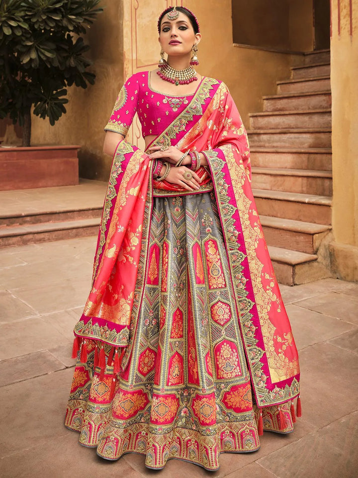 Party Wear Grey Rani Pink Art Silk Sequins Embroidered Umbrella Lehenga - VJV Now