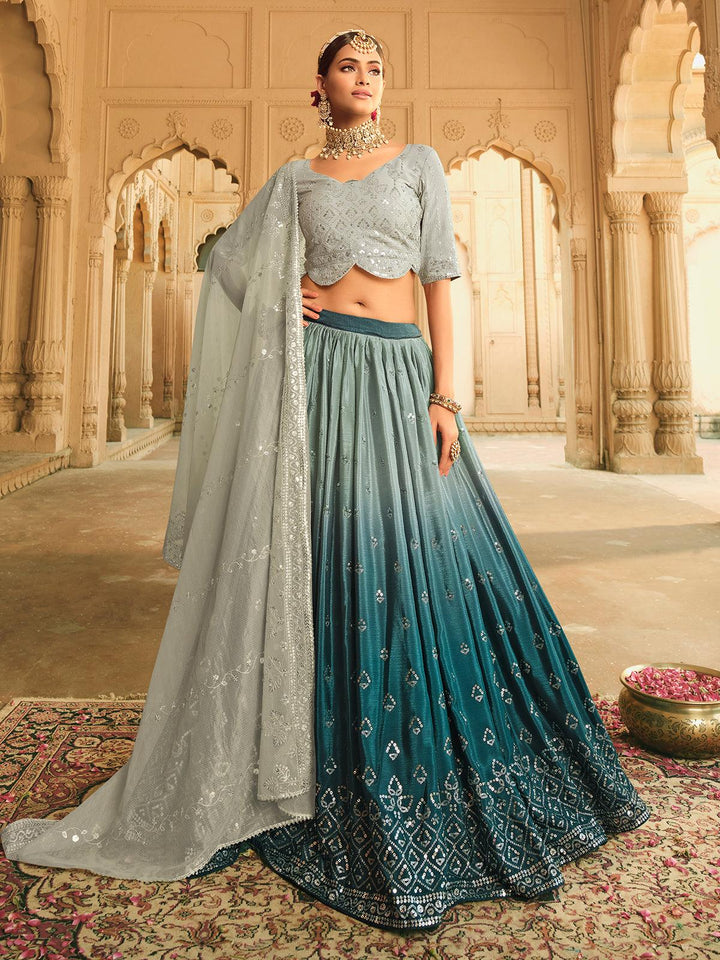Party Wear Grey To Teal Blue Multi Color Sequince Embroidered Lehenga Choli - VJV Now