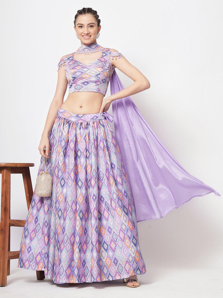 Party Wear Lavender Chinon Silk Printed Work Umbrella Lehenga Choli - VJV Now