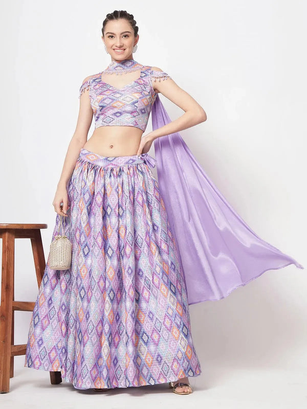 Party Wear Lavender Chinon Silk Printed Work Umbrella Lehenga Choli - VJV Now