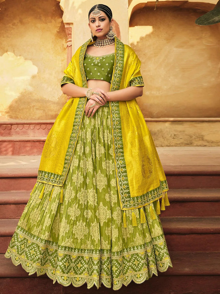 Party Wear Lemon Mehndi Art Silk Sequins Embroidered Umbrella Lehenga - VJV Now