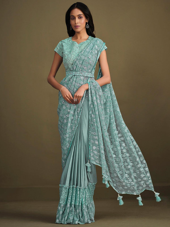 Party Wear Light Blue Crepe Silk Sequins Embroidered Work Saree - VJV Now