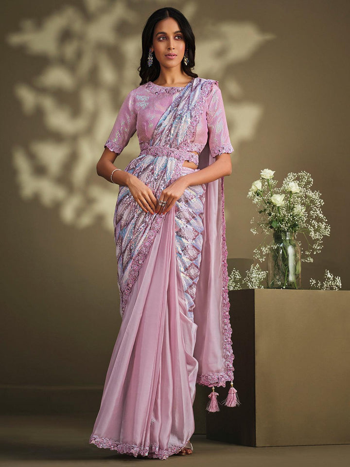 Party Wear Light Pink Crepe Satin Silk Sequins Embroidered Work Saree - VJV Now