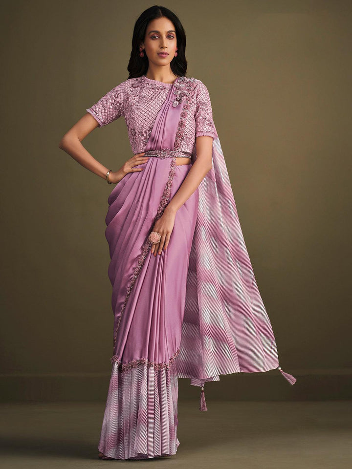 Party Wear Light Purple Satin Silk Sequins Embroidered Work Saree - VJV Now