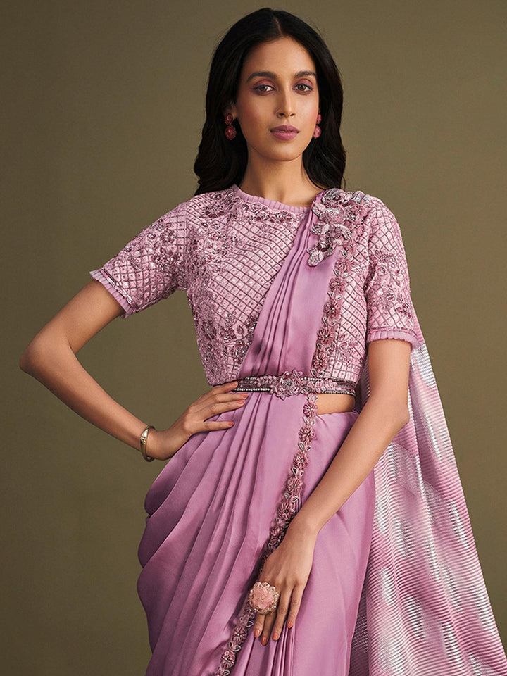 Party Wear Light Purple Satin Silk Sequins Embroidered Work Saree - VJV Now