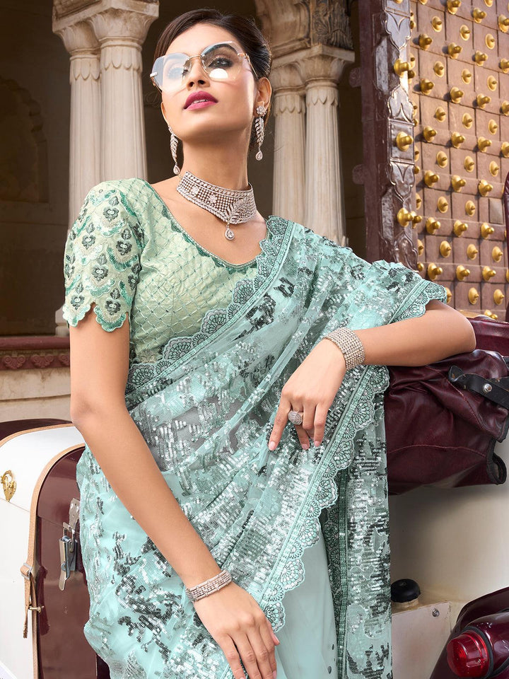 Party Wear Light Sea Green Digital Net Saree With Sequins Pallu, Mirror & Foil Work - VJV Now