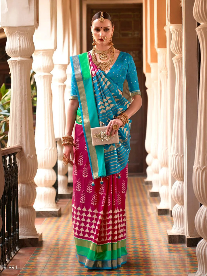 Party Wear Magenta Printed Work Silk Saree - VJV Now