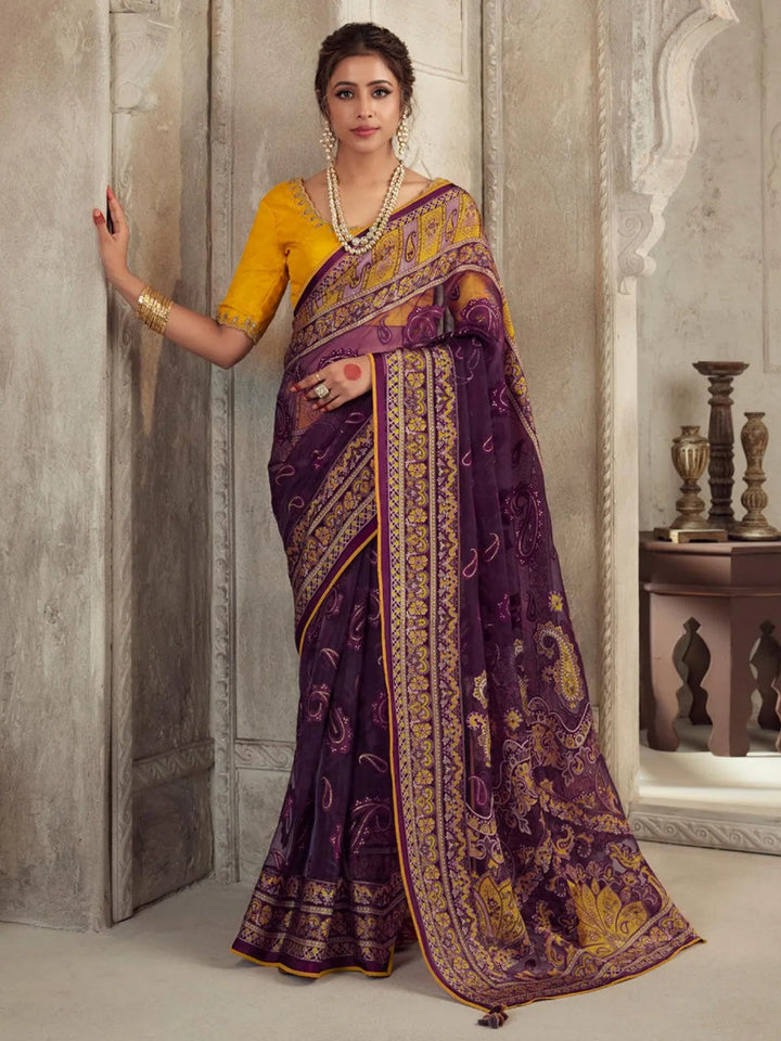 Party Wear Magenta Soft Brasso Organza Saree - VJV Now