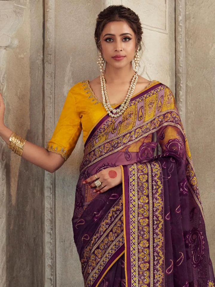 Party Wear Magenta Soft Brasso Organza Saree - VJV Now