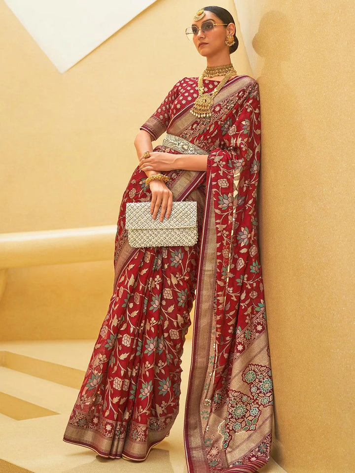 Party Wear Maroon Zari Woven Brasso Organza Saree - VJV Now