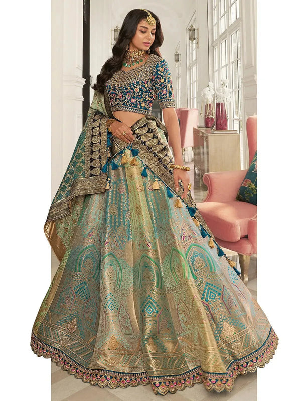 Party Wear Mehandi Soft Art Silk Sequins Embroidered Umbrella Lehenga - VJV Now