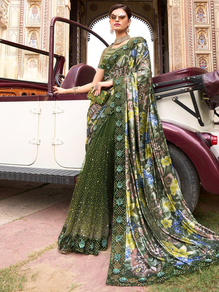 Party Wear Mehendi Green Digital Net Saree with Crystal,Thread,Mirror & Sequence Work - VJV Now