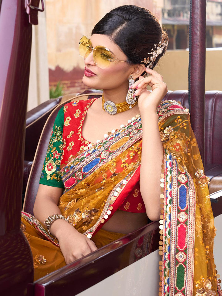 Party Wear mustard Digital Net Saree With Thread,Sequins,Moti & Flower Applic Work - VJV Now