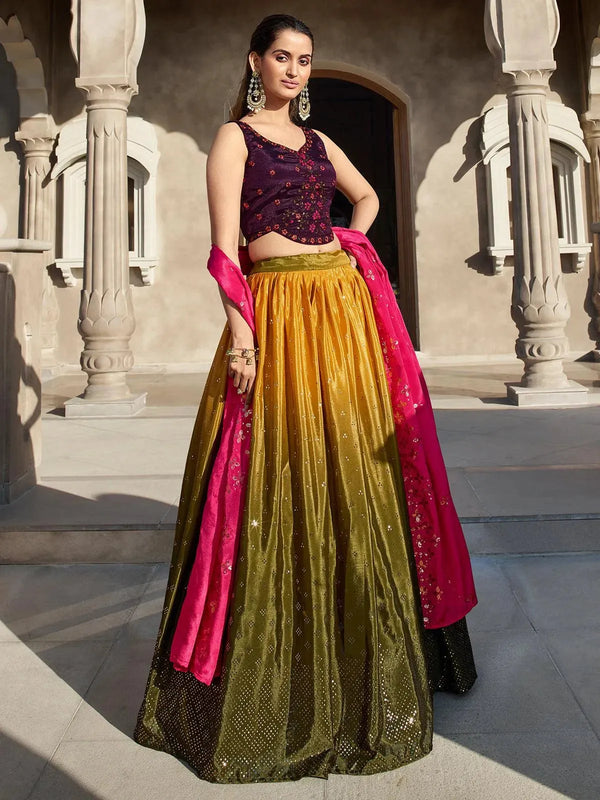 Party Wear Mustard N Olive Green Chinon Silk Mirror Work Lehenga Choli - VJV Now