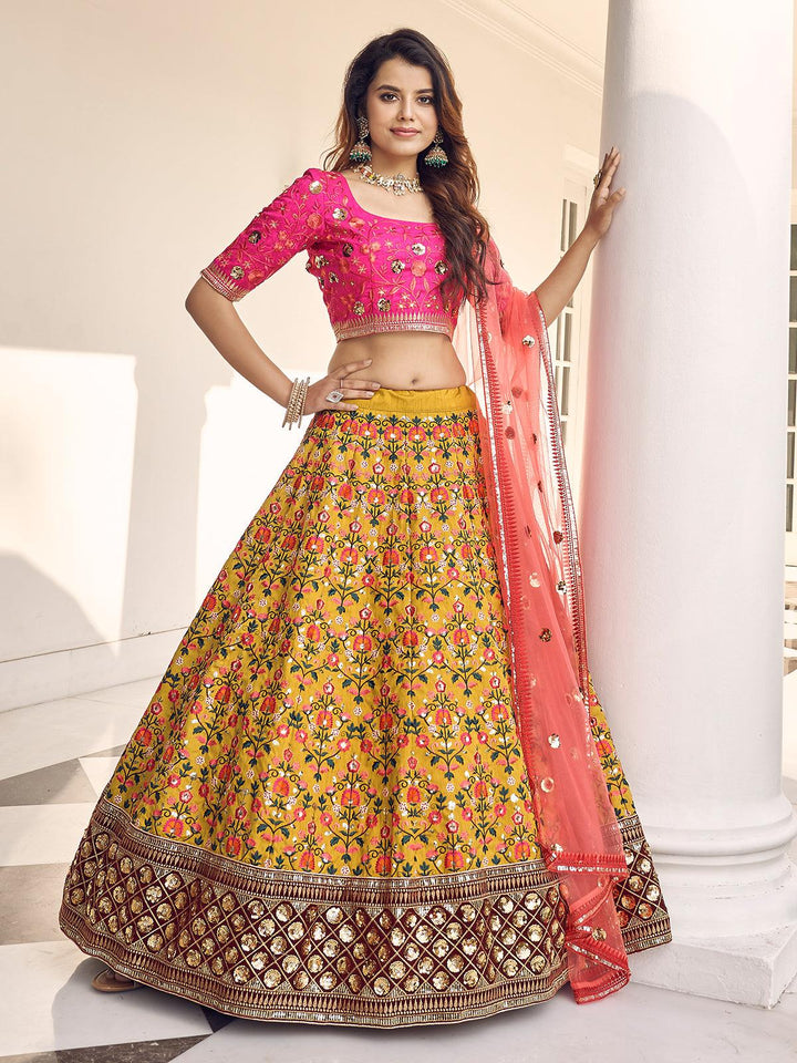 Party Wear Mustard Yellow Rani Pink Silk Thread With Bridal Embroidered Lehenga Choli - VJV Now