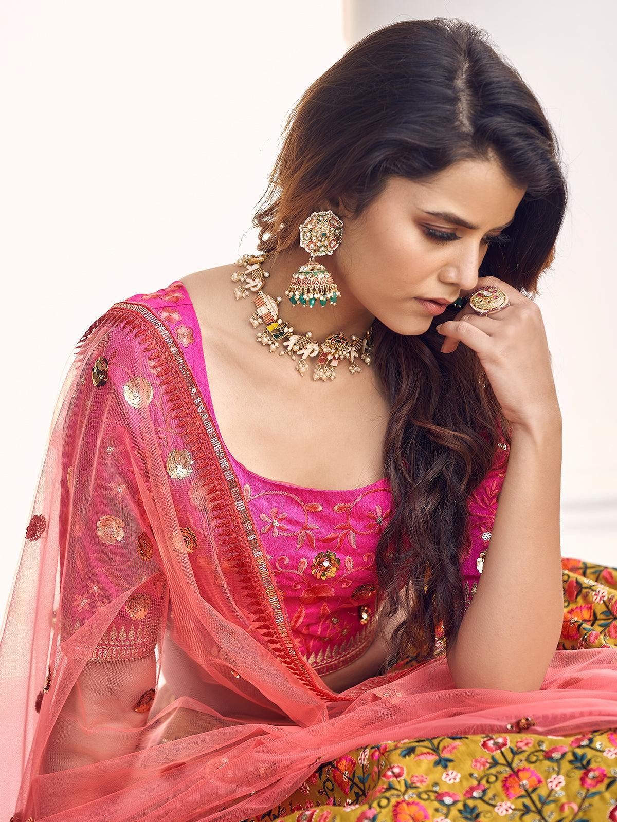 Rani Pink & Mustard Banarasi Silk Lehenga | Designer lehenga choli, Orange  lehenga, Indian lehenga