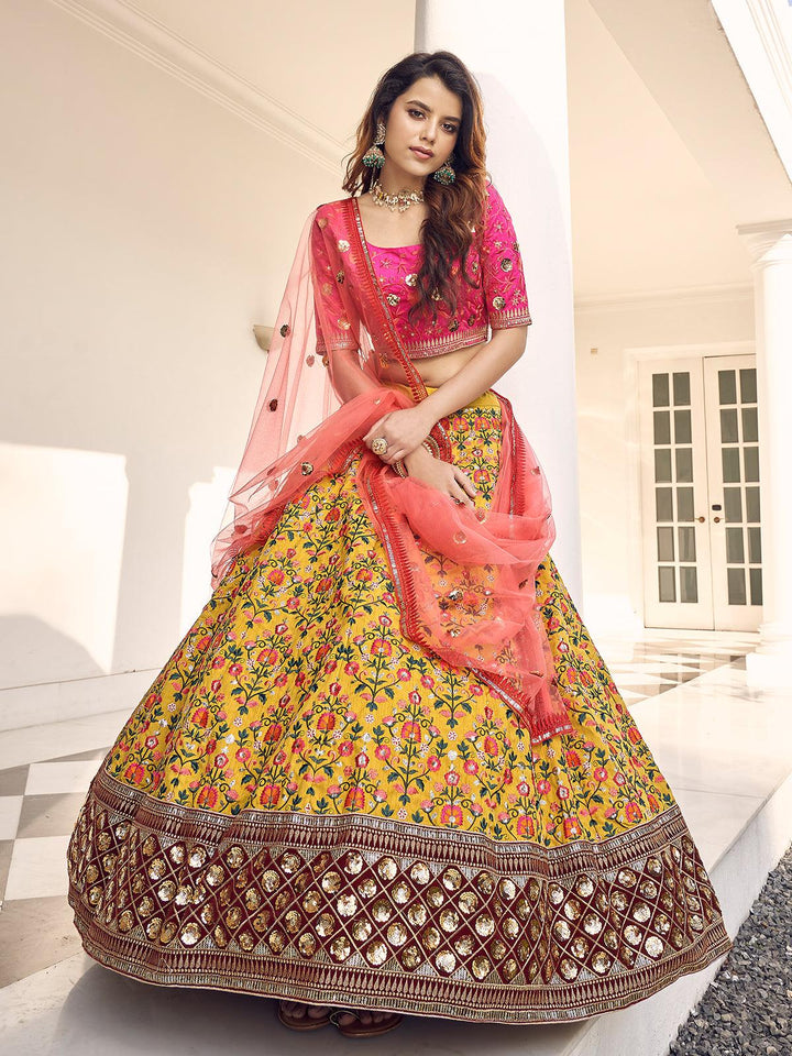 Party Wear Mustard Yellow Rani Pink Silk Thread With Bridal Embroidered Lehenga Choli - VJV Now