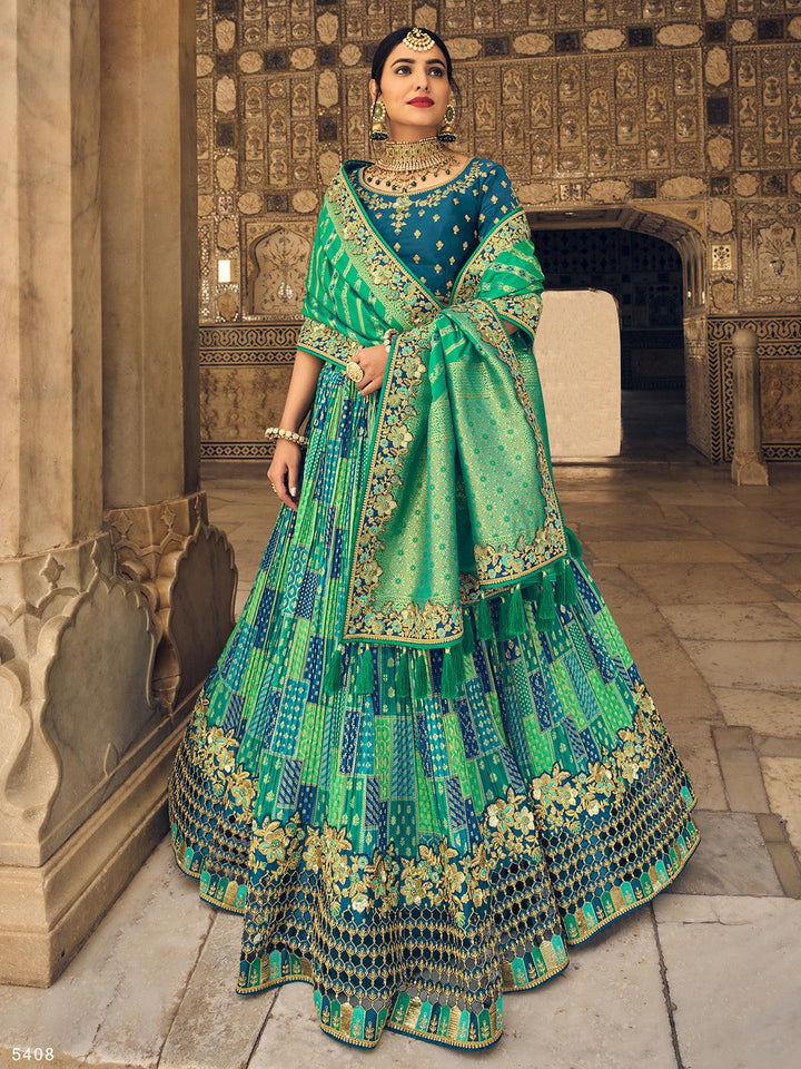 Party Wear Navy Blue And Green Art Silk Sequins Embroidered Umbrella Lehenga - VJV Now