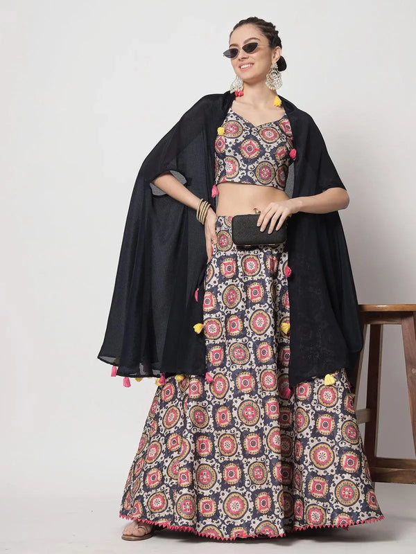 Party Wear Navy Blue Chinon Silk Printed Work Umbrella Lehenga Choli - VJV Now