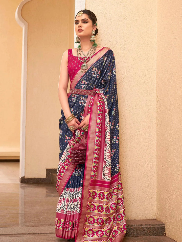 Party Wear Navy Blue Digital Printed Soft Silk Saree - VJV Now