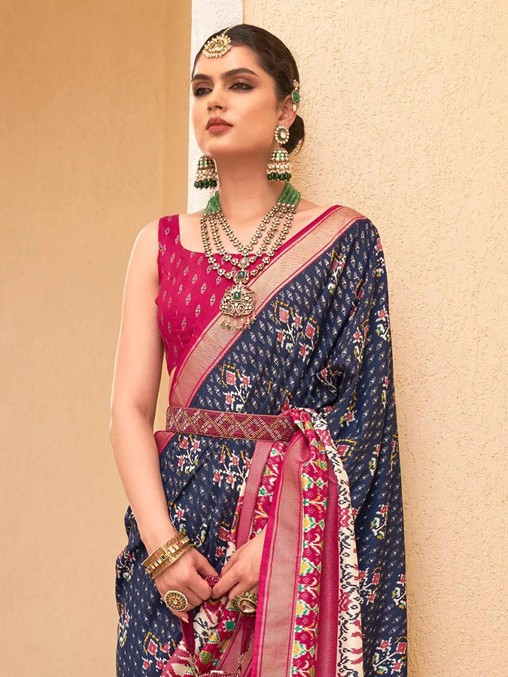 Party Wear Navy Blue Digital Printed Soft Silk Saree - VJV Now