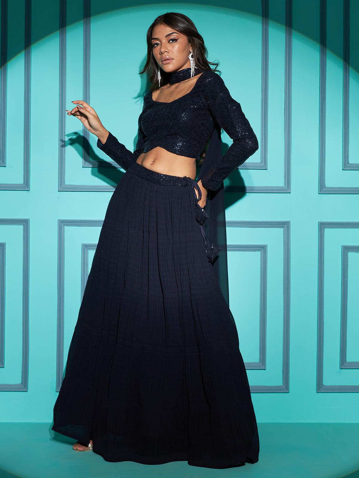 Blue banarsi brocade umbrella lehenga skirt with georgette crop top Indian  Pakistani lehenga | Frocks for girls, Designer dresses casual, Fashion  clothes women