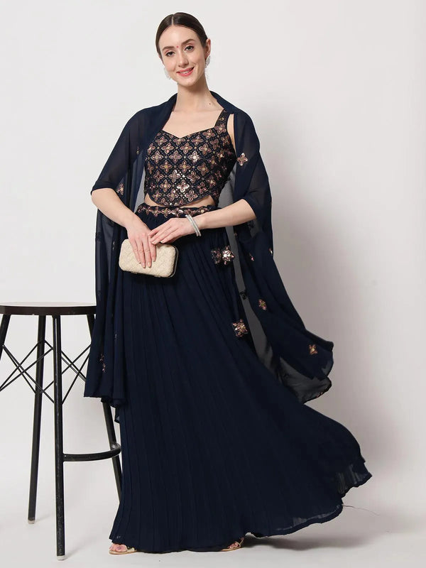 Party Wear Navy Blue Georgette Sequins Embroidery Lehenga Choli - VJV Now