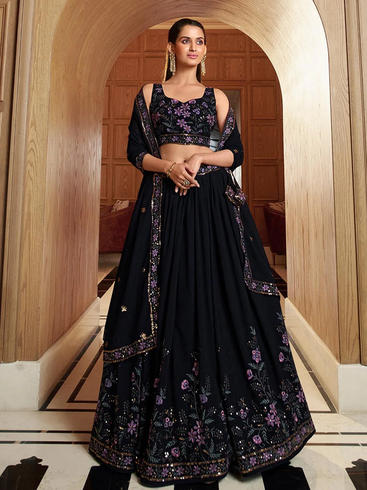 Party Wear Navy Blue Georgette Sequins Embroidery Umbrella Lehenga Choli - VJV Now