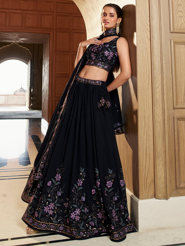 Party Wear Navy Blue Georgette Sequins Embroidery Umbrella Lehenga Choli - VJV Now